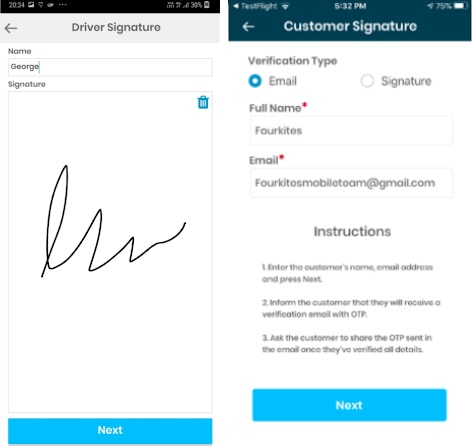 Cellphones screens displaying the FourKites supply chain visibility app's digital document transfer feature