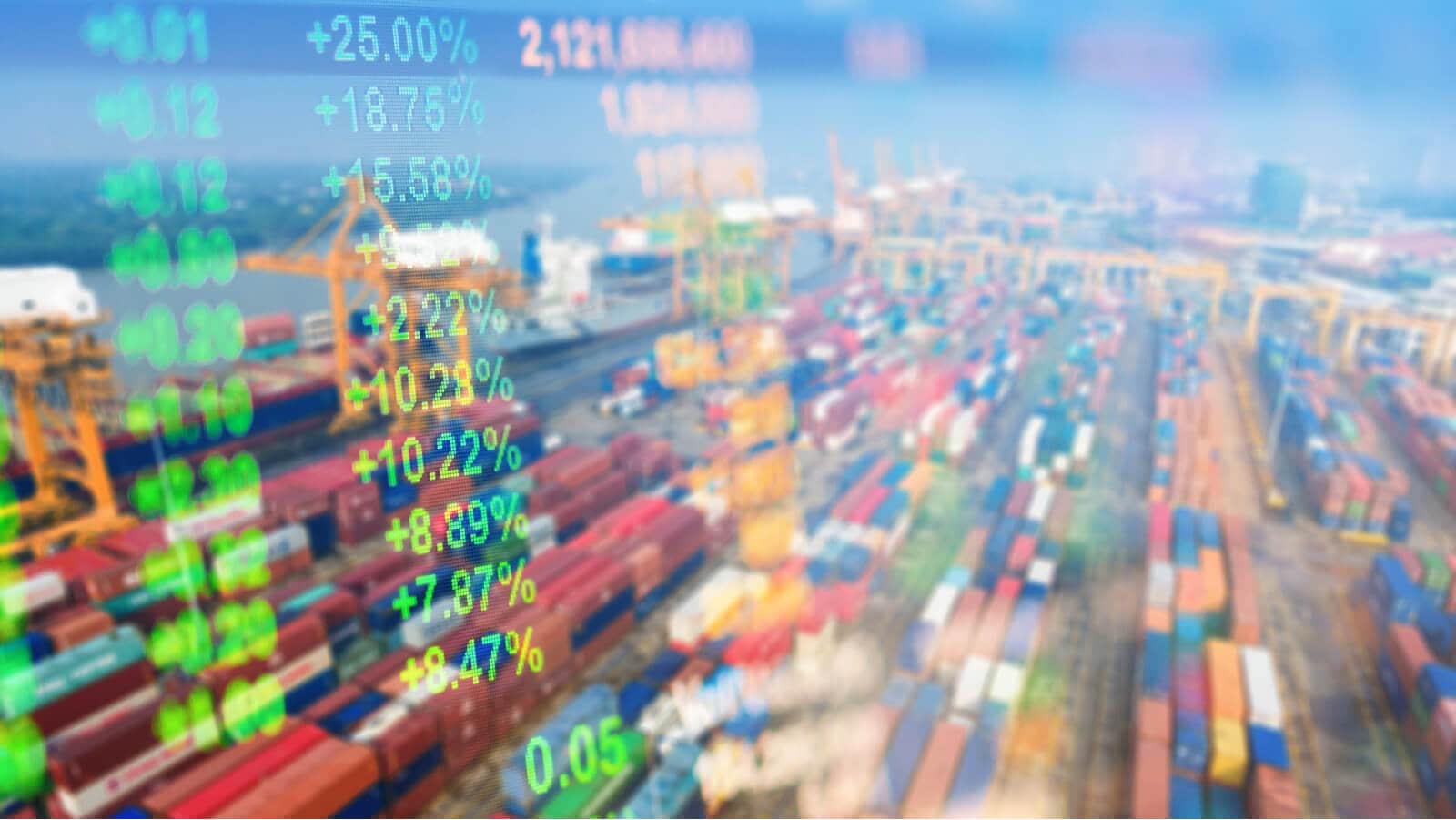 Digital data numbers overlaying a supply chain shipping container yard