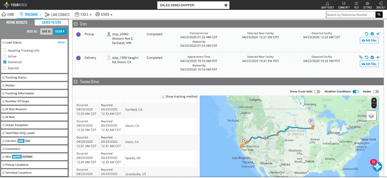 Screenshot demonstrating the FourKites real-time visibility platform shipment tracking dashboard