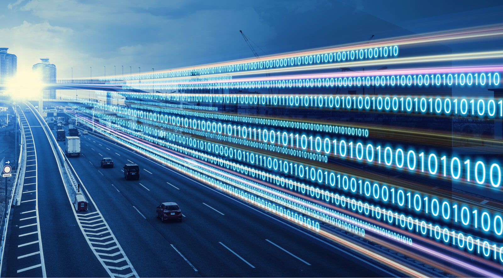 Shipping trucks on a highway with a stream of digital binary code along the road.