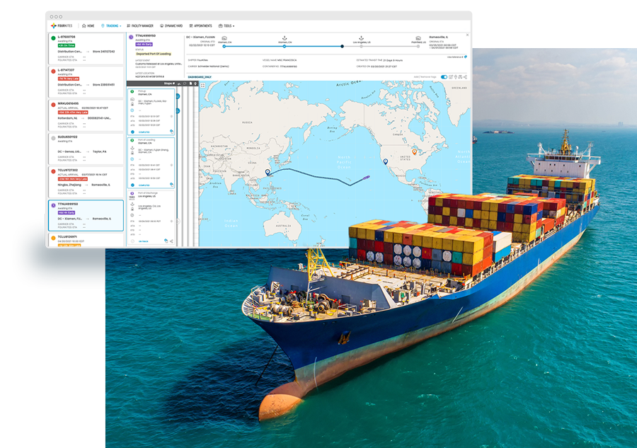 Cargo shipping vessel on the ocean nearing port with FourKites Ocean Tracking software superimposed behind the ship