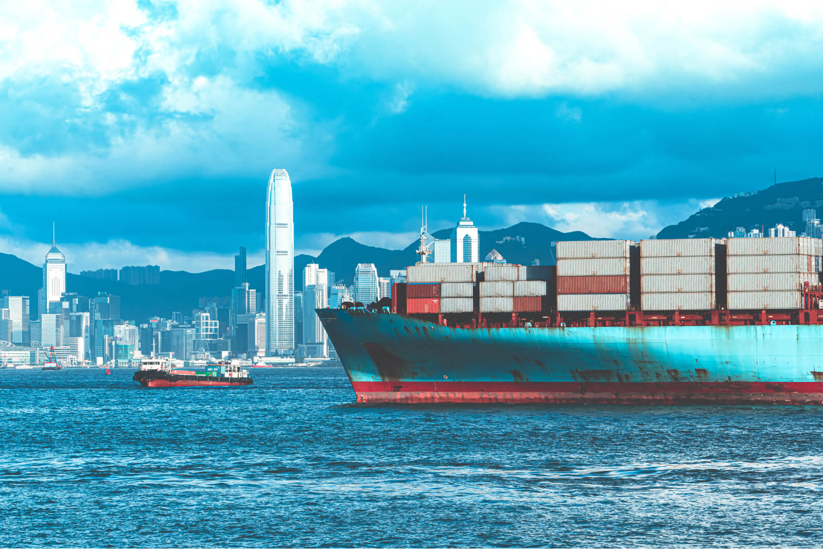 Ocean cargo ship entering a major shipping port