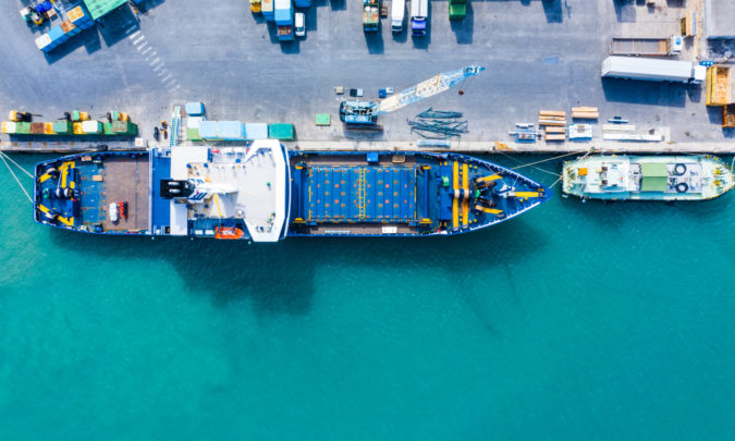 Overhead view of a container ship in port