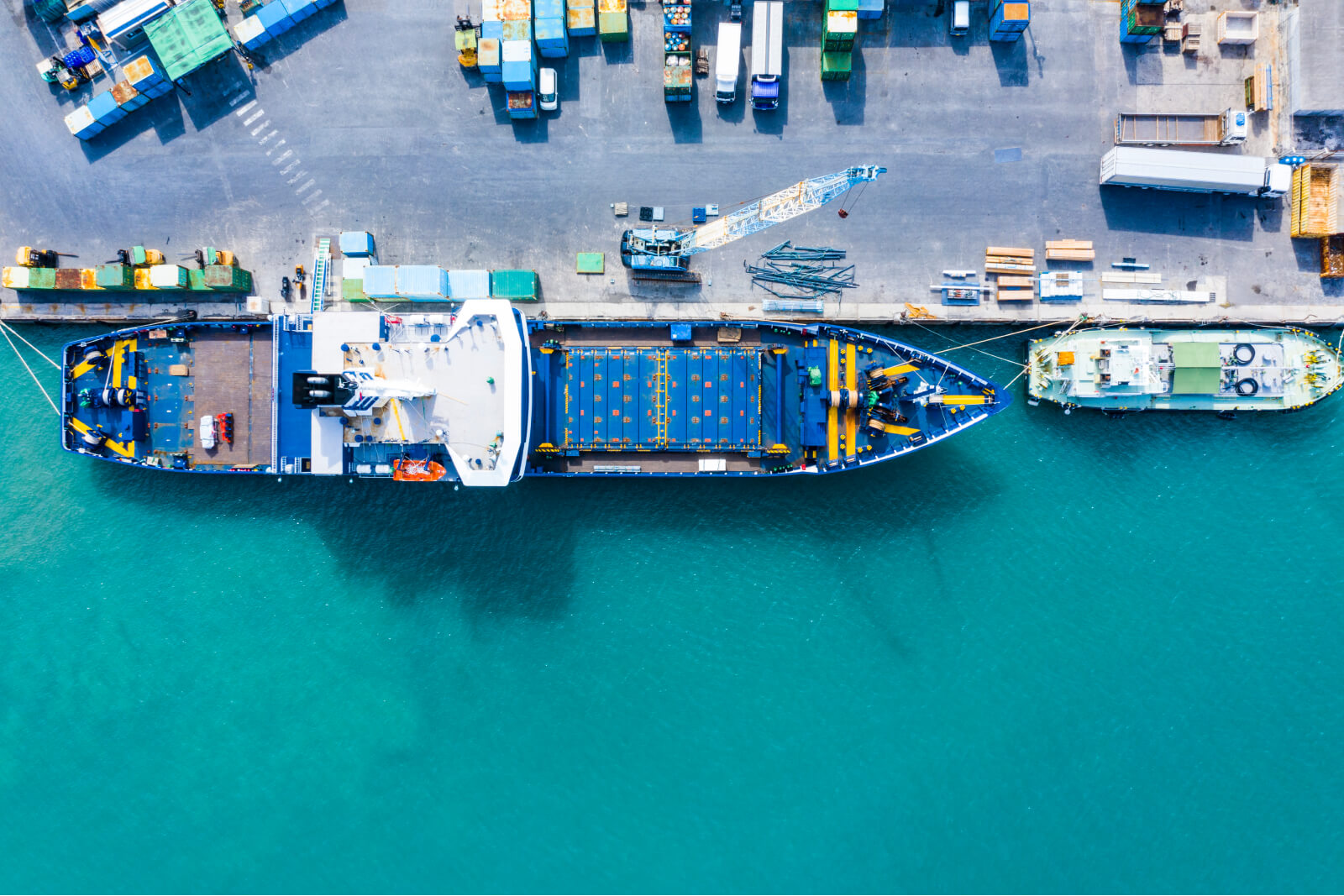 Overhead view of a container ship in port