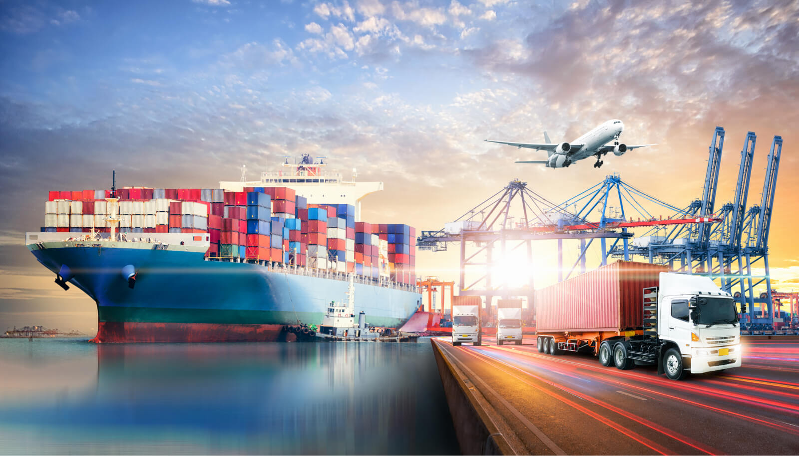 intermodal supply chain with cargo ships, carrier trucks, and air freight