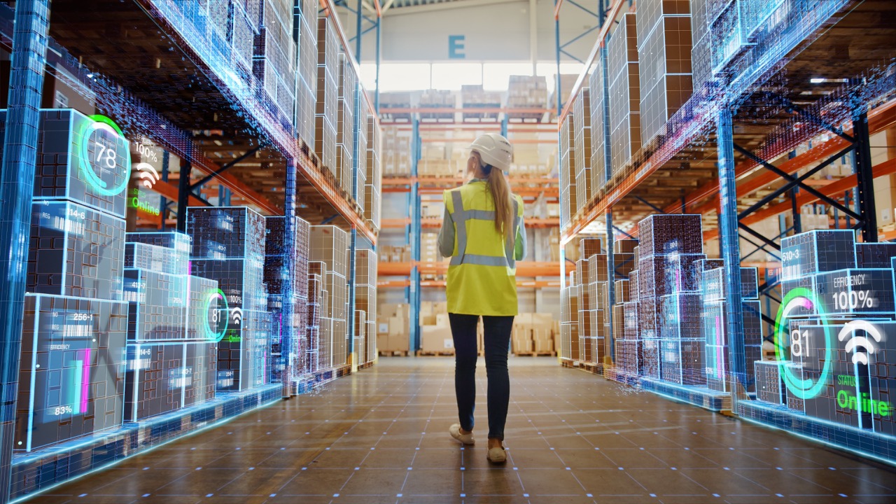 Worker Doing Inventory Walks when Digitalization Process Analyzes Goods, Cardboard Boxes, Products with Delivery Infographics in Logistics, Distribution Center